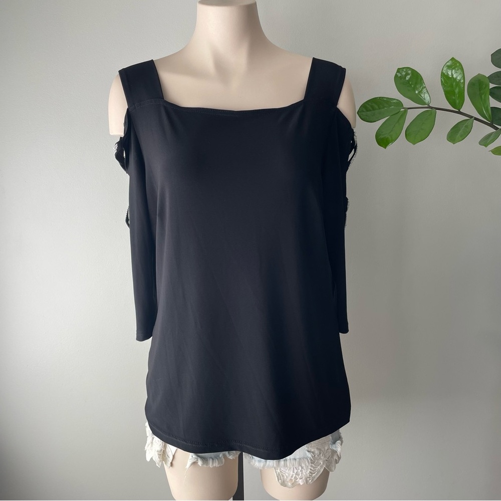 Joseph Ribkoff Cold Shoulder Rhinestone Sleeve Blouse Shirt Top Black Silver - Picture 2 of 8